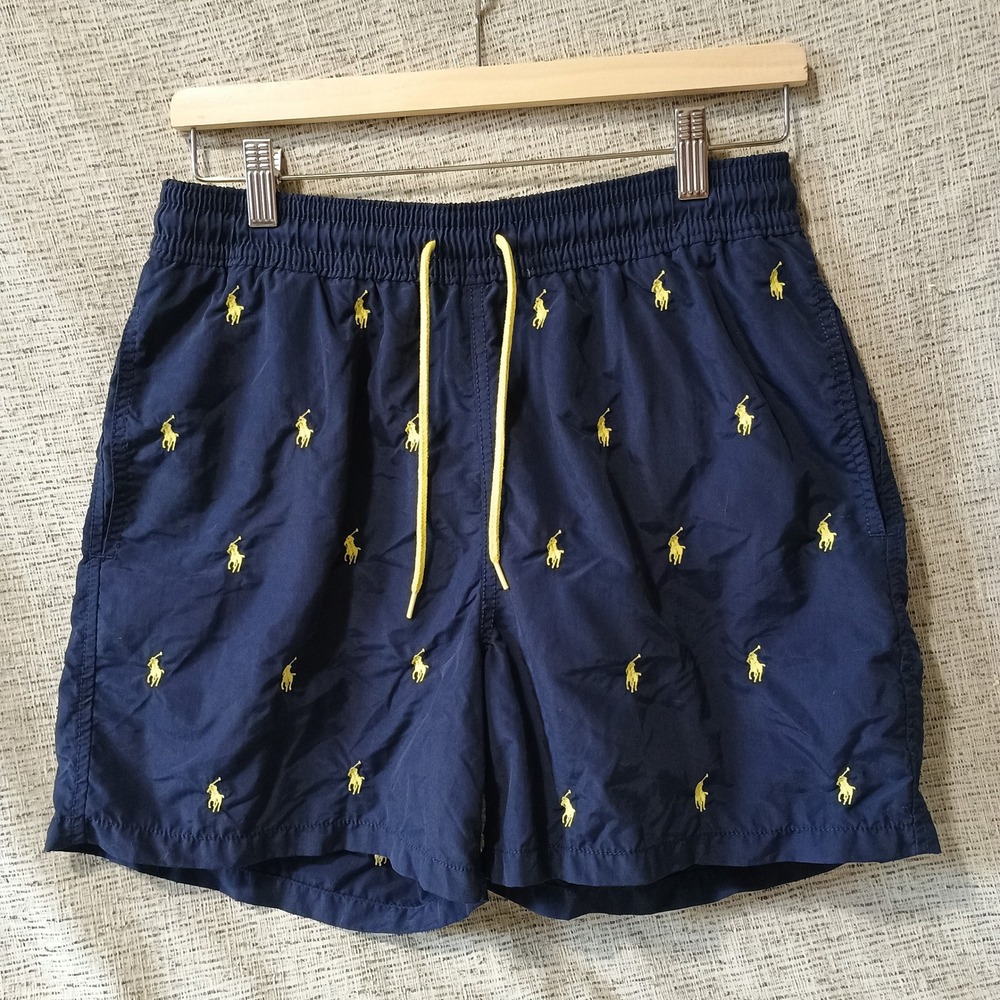 Polo Ralph Lauren Mens Navy Blue Yellow Pony All Over Print Swim Trunks Small
